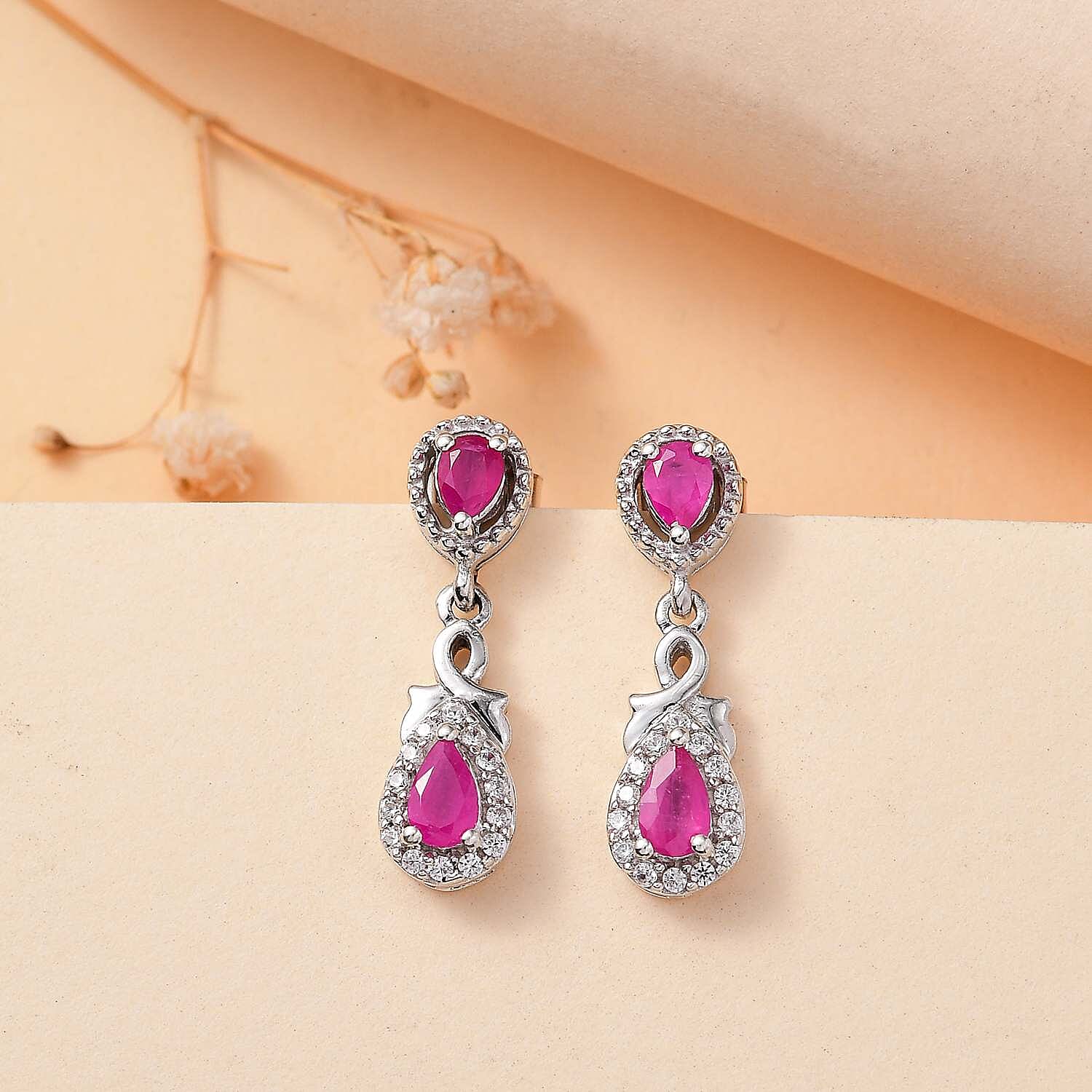 Gemfields Montepuez Ruby & White Zircon Earring in Rhodium Overlay Sterling Silver 1.25 Ct.