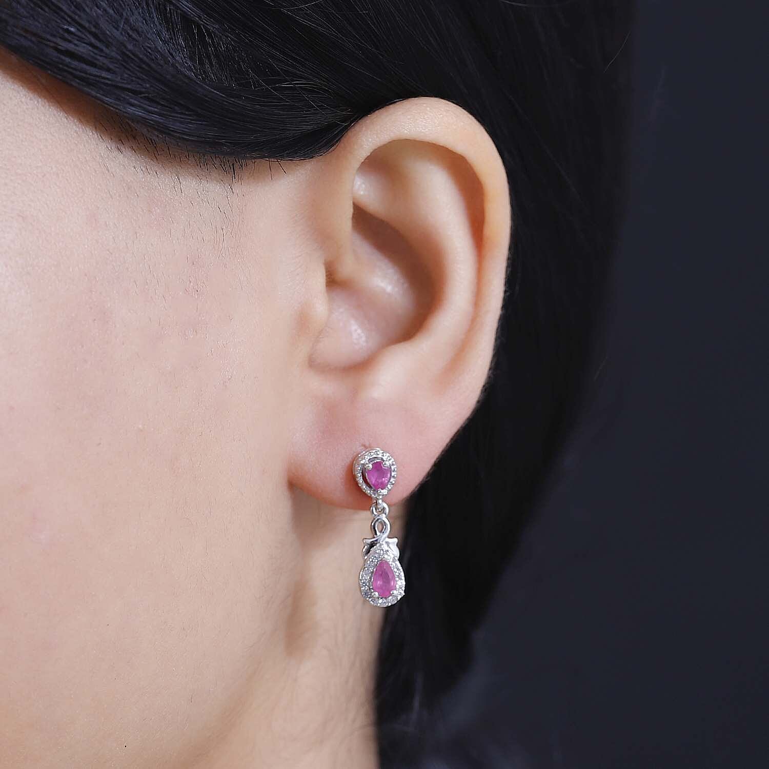 Gemfields Montepuez Ruby & White Zircon Earring in Rhodium Overlay Sterling Silver 1.25 Ct.