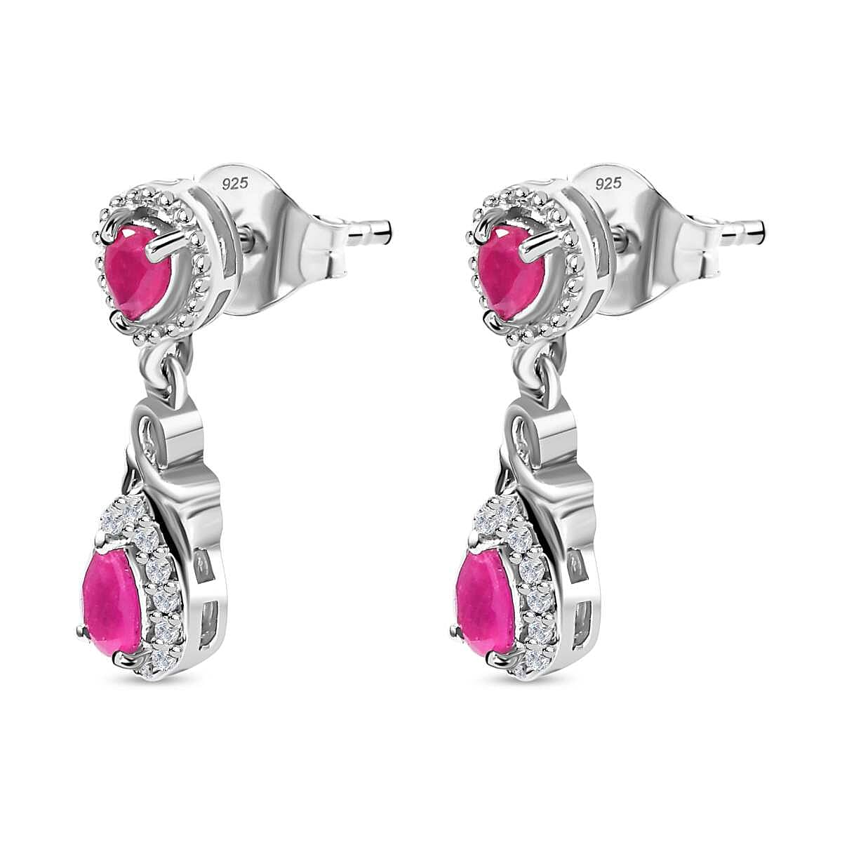 Gemfields Montepuez Ruby & White Zircon Earring in Rhodium Overlay Sterling Silver 1.25 Ct.