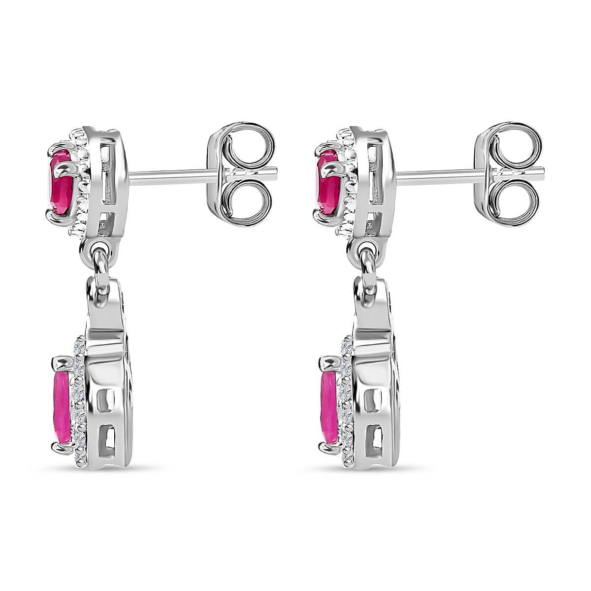 Gemfields Montepuez Ruby & White Zircon Earring in Rhodium Overlay Sterling Silver 1.25 Ct.