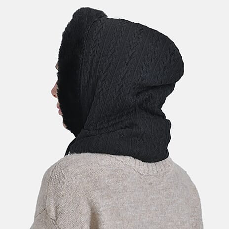 3-in-1 Cosy Warm Plush Faux Fur Sherpa Lined Winter Hat Scarf  - Black