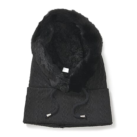3-in-1 Cosy Warm Plush Faux Fur Sherpa Lined Winter Hat Scarf - Black