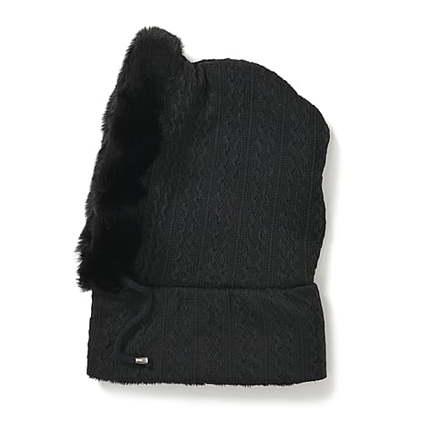 3-in-1 Cosy Warm Plush Faux Fur Sherpa Lined Winter Hat Scarf - Black