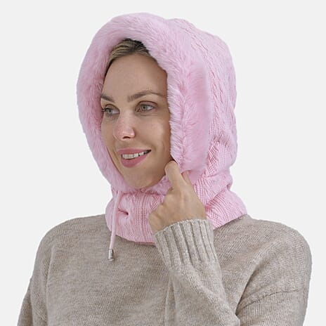 3-in-1 Cosy Warm Plush Faux Fur Sherpa Lined Winter Hat Scarf  - Pink