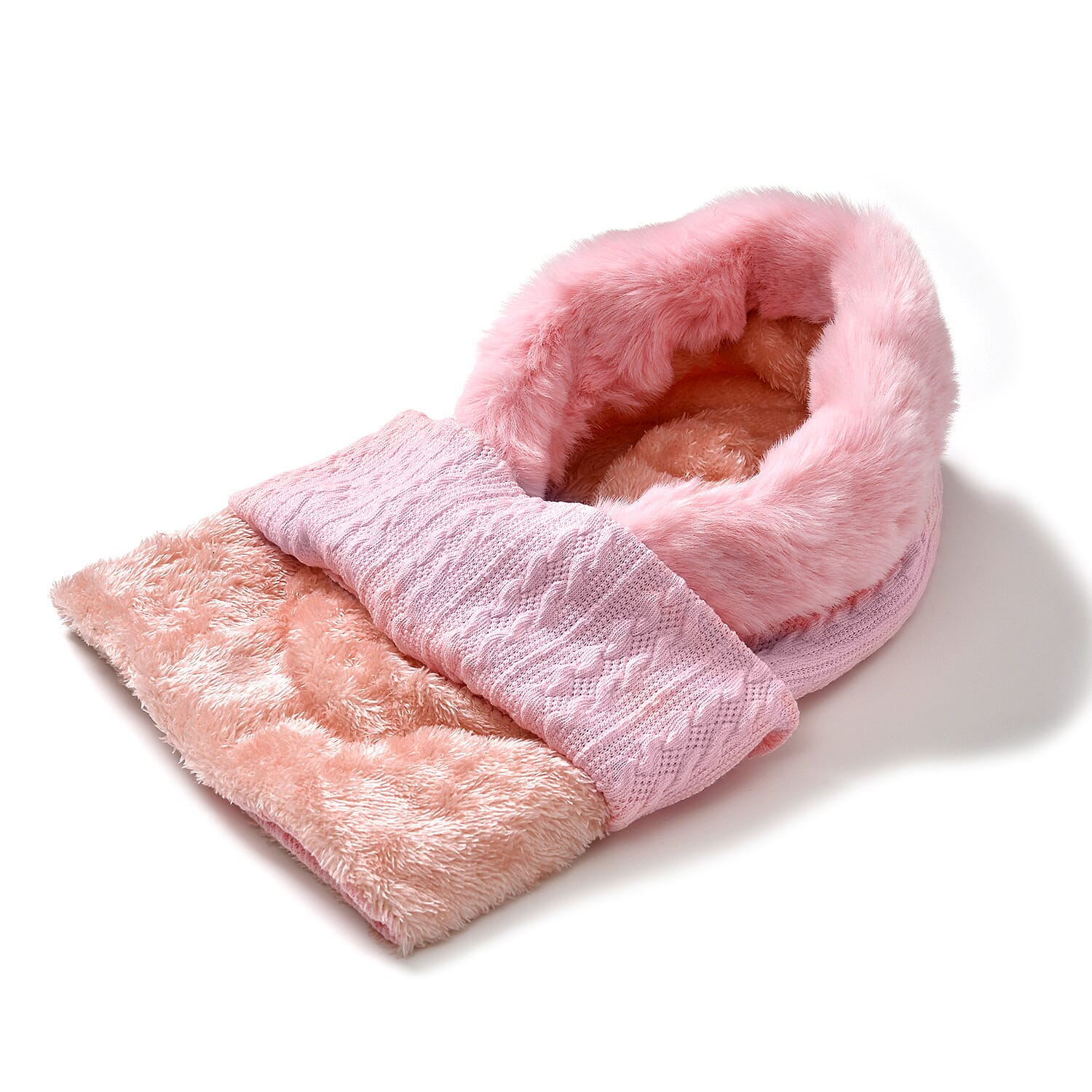 3-in-1 Cosy Warm Plush Faux Fur Sherpa Lined Winter Hat Scarf  - Pink