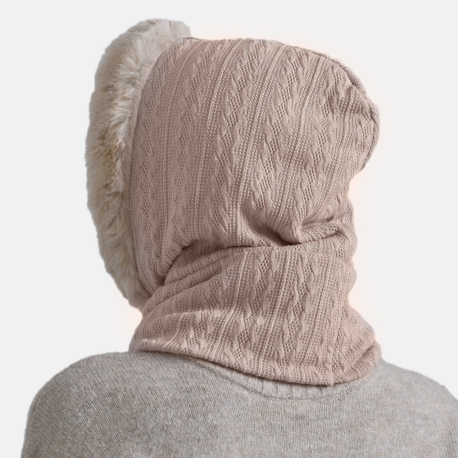 3-in-1 Cosy Warm Plush Faux Fur Sherpa Lined Winter Hat Scarf  - Beige