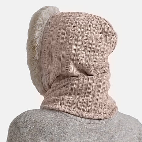 3-in-1 Cosy Warm Plush Faux Fur Sherpa Lined Winter Hat Scarf  - Beige