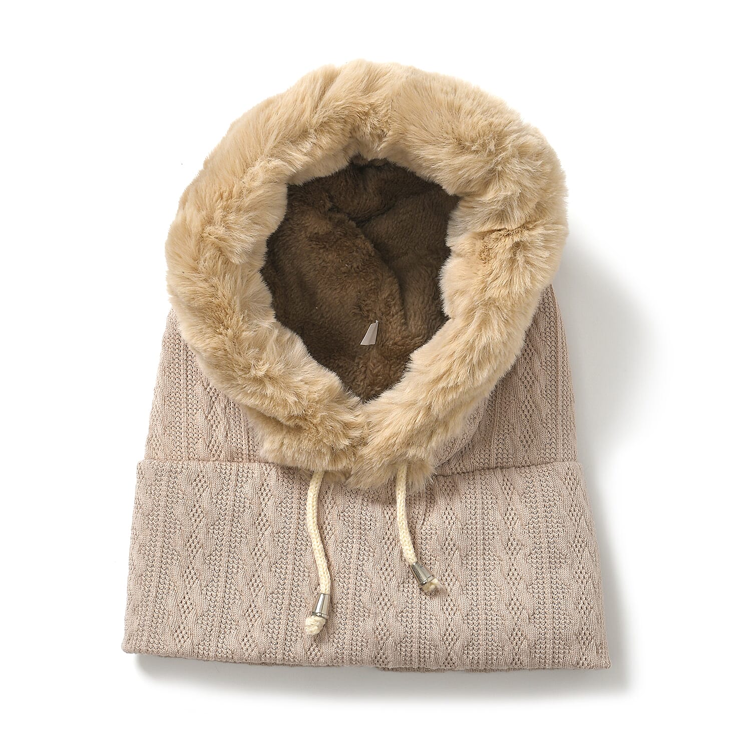3-in-1 Cosy Warm Plush Faux Fur Sherpa Lined Winter Hat Scarf  - Beige