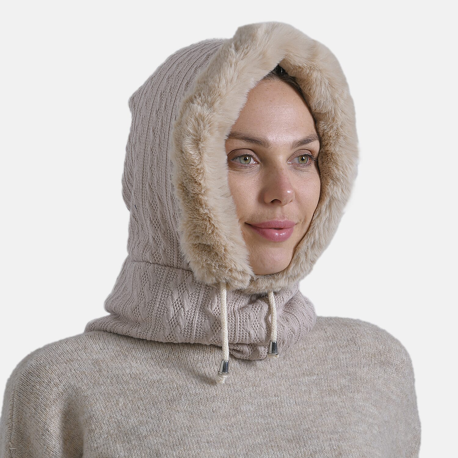 3-in-1 Cosy Warm Plush Faux Fur Sherpa Lined Winter Hat Scarf  - Beige