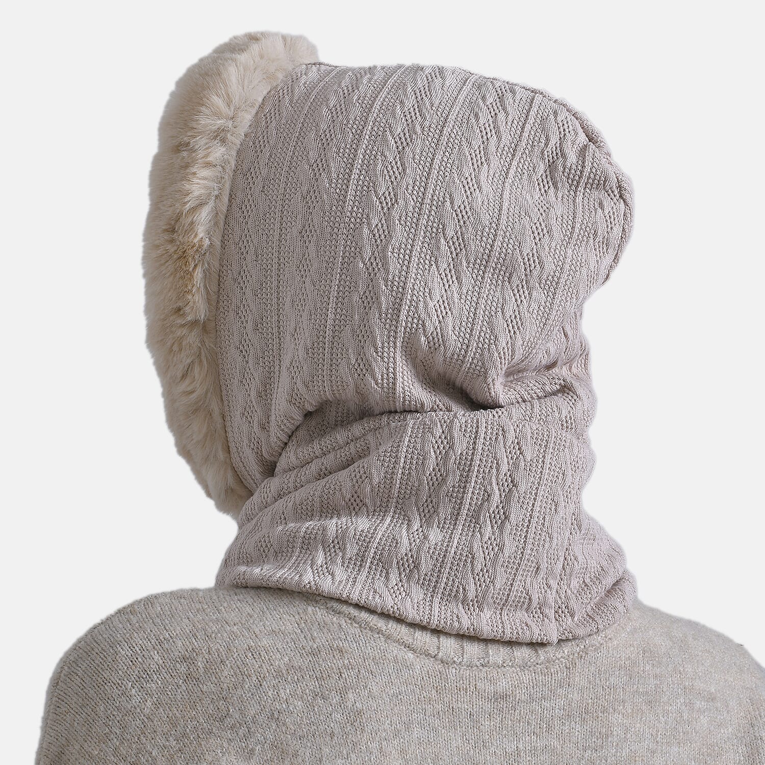 3-in-1 Cosy Warm Plush Faux Fur Sherpa Lined Winter Hat Scarf  - Beige