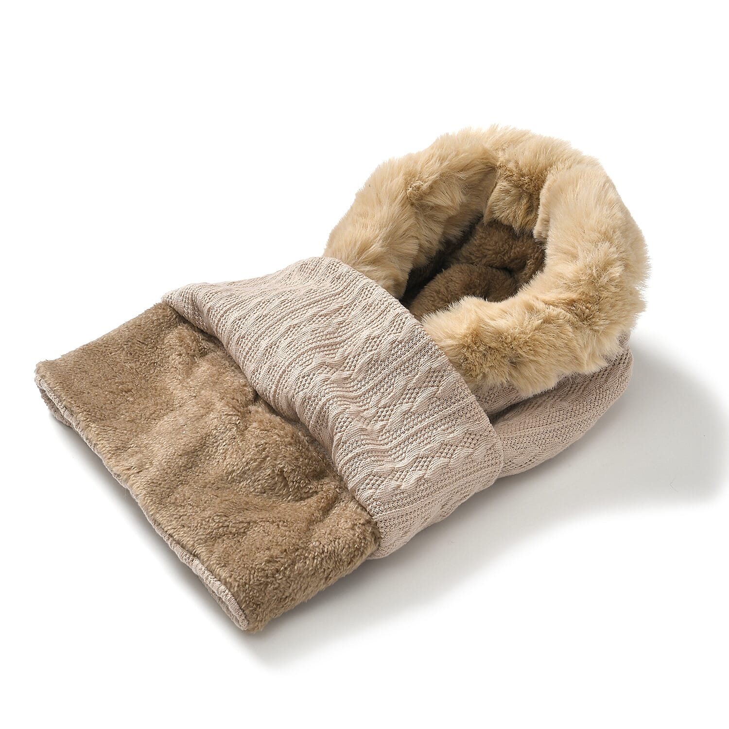 3-in-1 Cosy Warm Plush Faux Fur Sherpa Lined Winter Hat Scarf  - Beige
