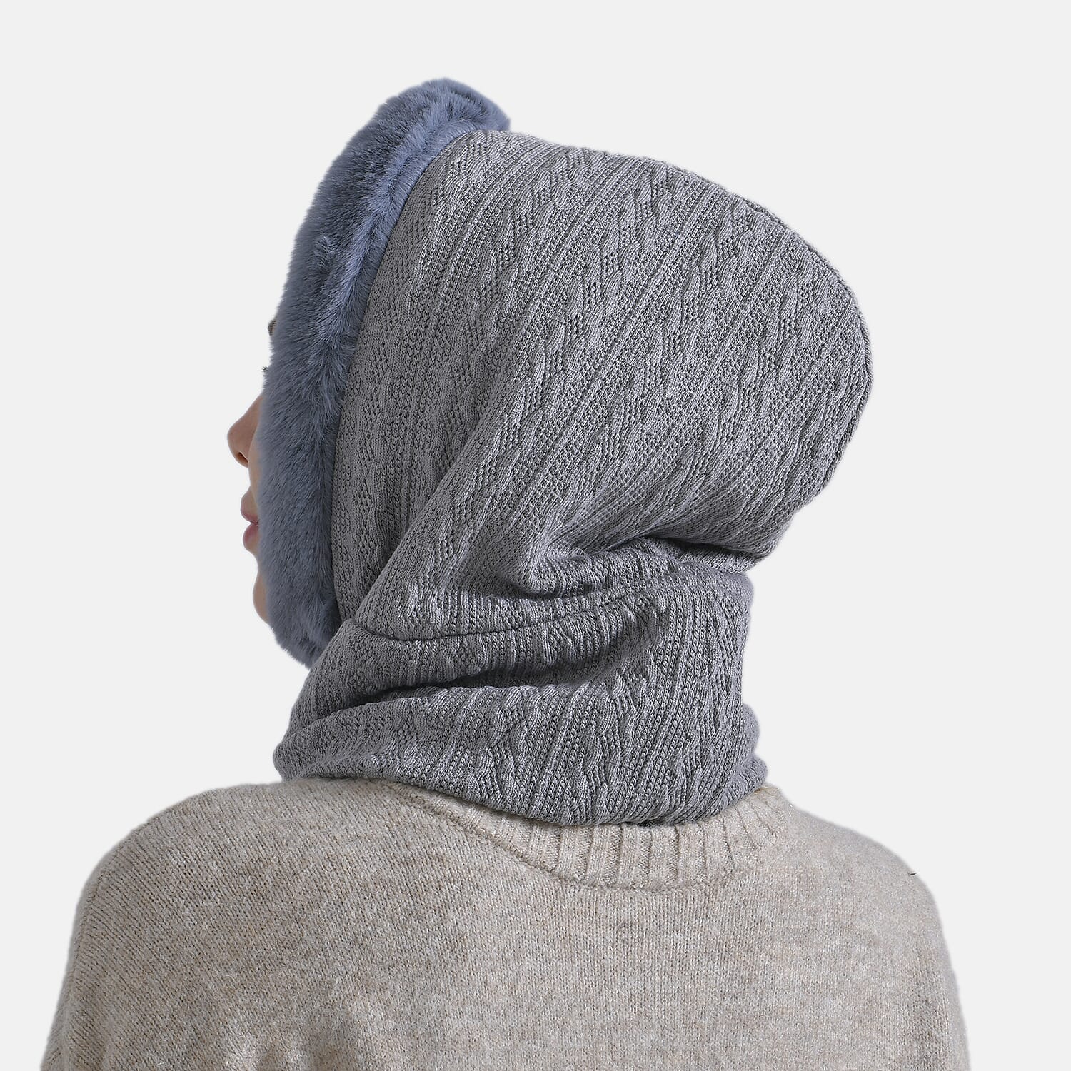 3-in-1 Cosy Warm Plush Faux Fur Sherpa Lined Winter Hat Scarf - Grey