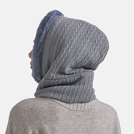 3-in-1 Cosy Warm Plush Faux Fur Sherpa Lined Winter Hat Scarf - Grey