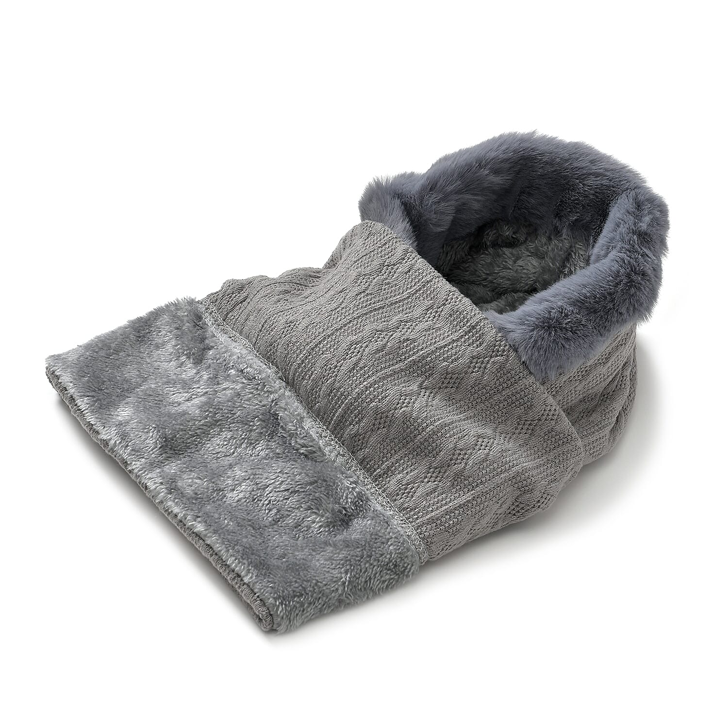 3-in-1 Cosy Warm Plush Faux Fur Sherpa Lined Winter Hat Scarf - Grey