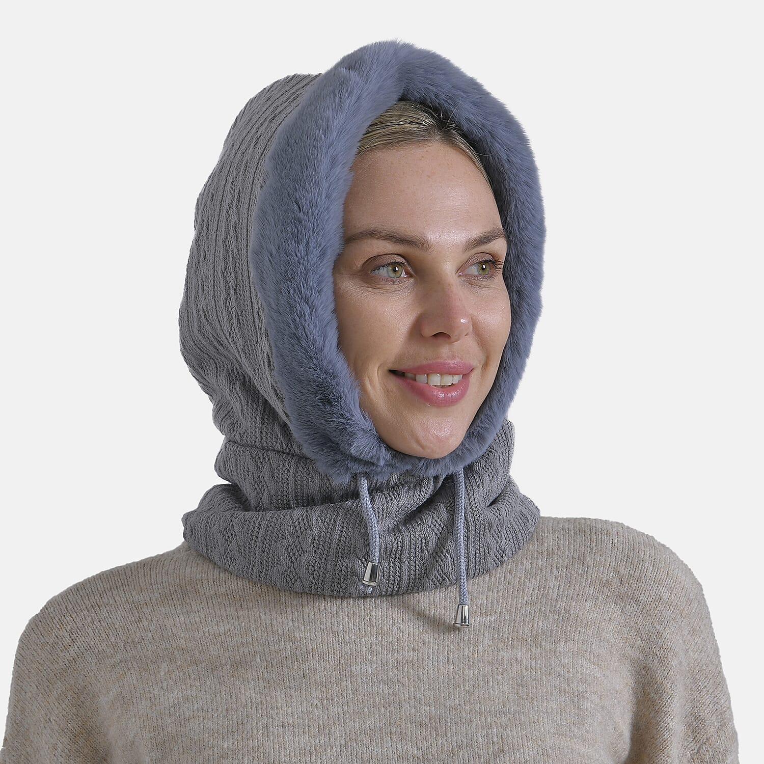 3-in-1 Cosy Warm Plush Faux Fur Sherpa Lined Winter Hat Scarf - Grey