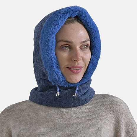 3-in-1 Cosy Warm Plush Faux Fur Sherpa Lined Winter Hat Scarf  - Navy