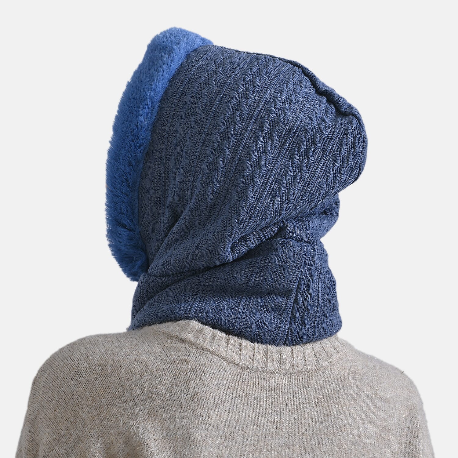 3-in-1 Cosy Warm Plush Faux Fur Sherpa Lined Winter Hat Scarf  - Navy