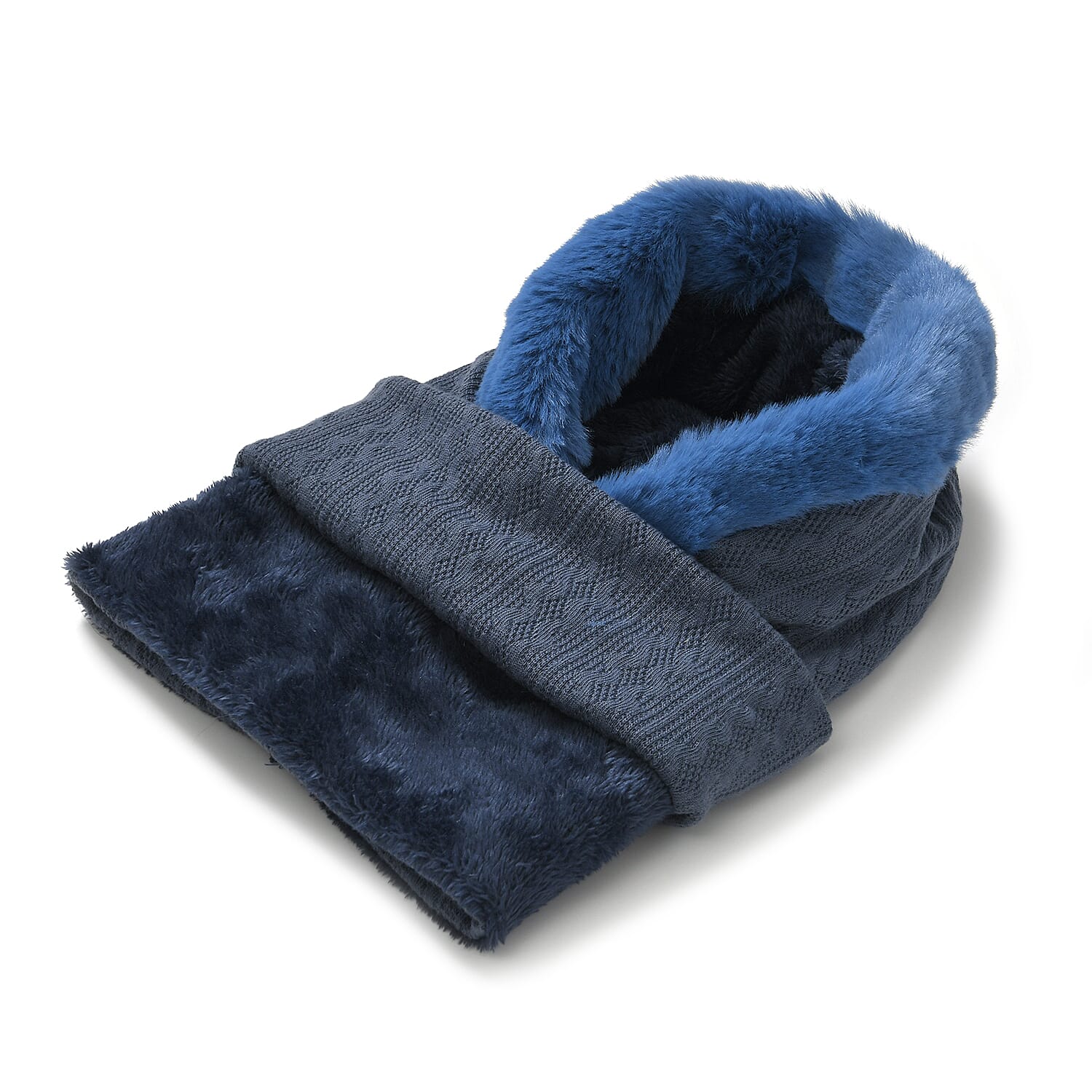 3-in-1 Cosy Warm Plush Faux Fur Sherpa Lined Winter Hat Scarf  - Navy