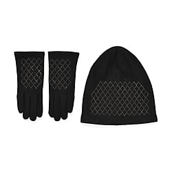 Closeout Deal - 2 Piece Set - Cashmere Diamond Pattern Hat and Gloves - Pink
