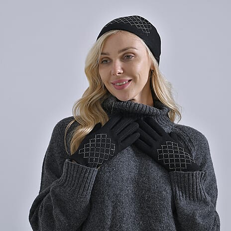 Closeout Deal - 2 Piece Set - Cashmere Diamond Pattern Hat & Gloves - Black