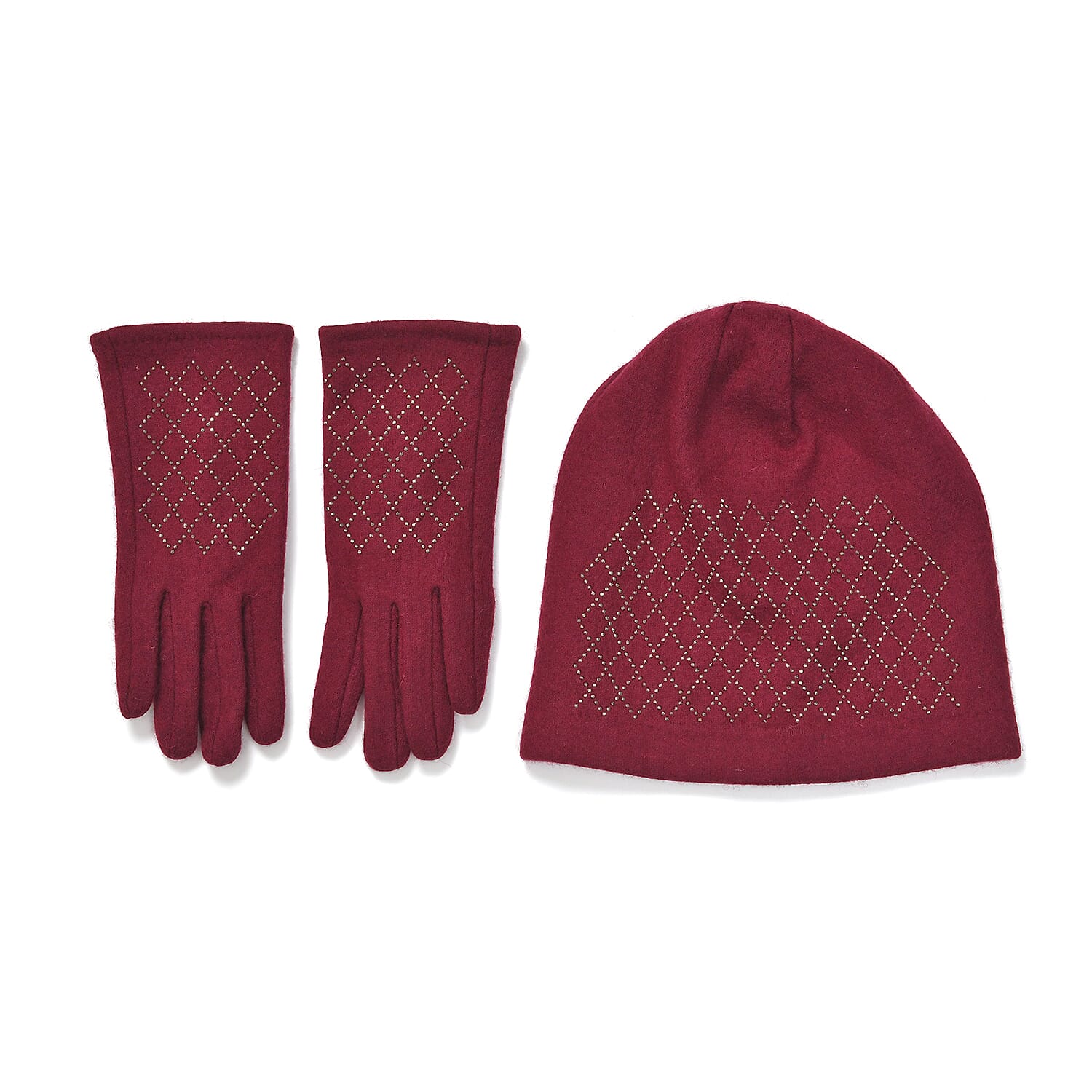 Closeout Deal - 2 Piece Set -Cashmere Diamond Pattern Hat and Gloves-  Burgundy