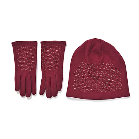 Closeout Deal - 2 Piece Set -Cashmere Diamond Pattern Hat and Gloves-  Burgundy