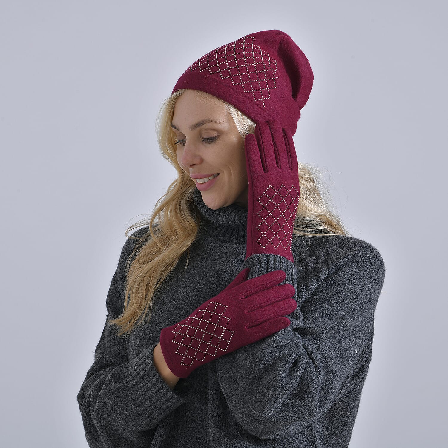 Closeout Deal - 2 Piece Set -Cashmere Diamond Pattern Hat and Gloves-  Burgundy