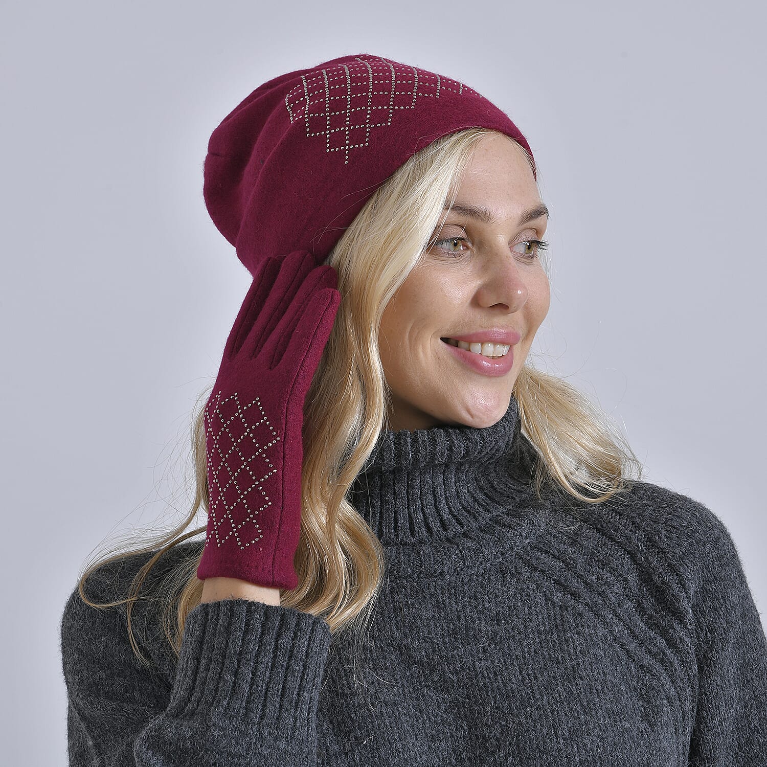 Closeout Deal - 2 Piece Set -Cashmere Diamond Pattern Hat and Gloves-  Burgundy