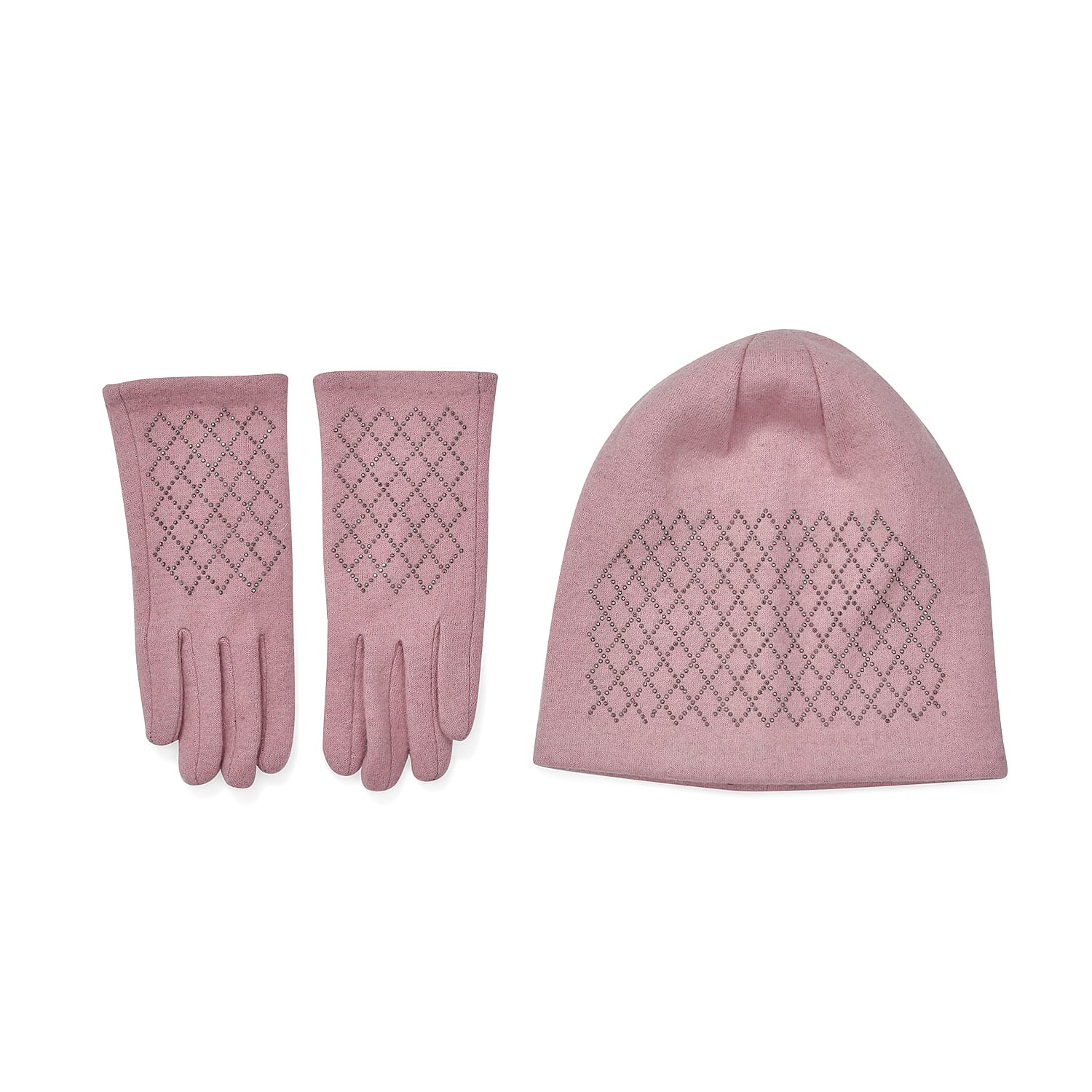 Closeout Deal - 2 Piece Set - Cashmere Diamond Pattern Hat and Gloves - Pink