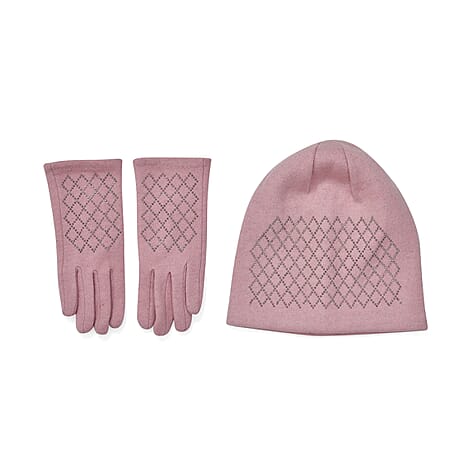 Closeout Deal - 2 Piece Set - Cashmere Diamond Pattern Hat and Gloves - Pink