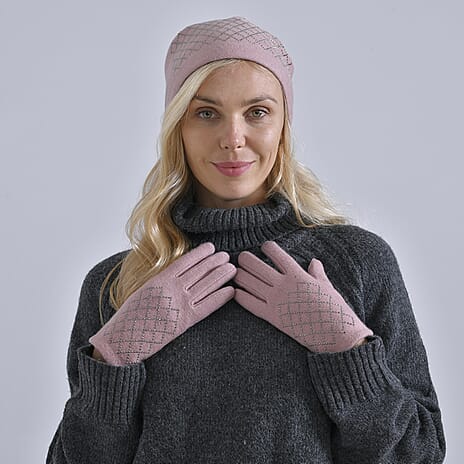 Closeout Deal - 2 Piece Set - Cashmere Diamond Pattern Hat and Gloves - Pink