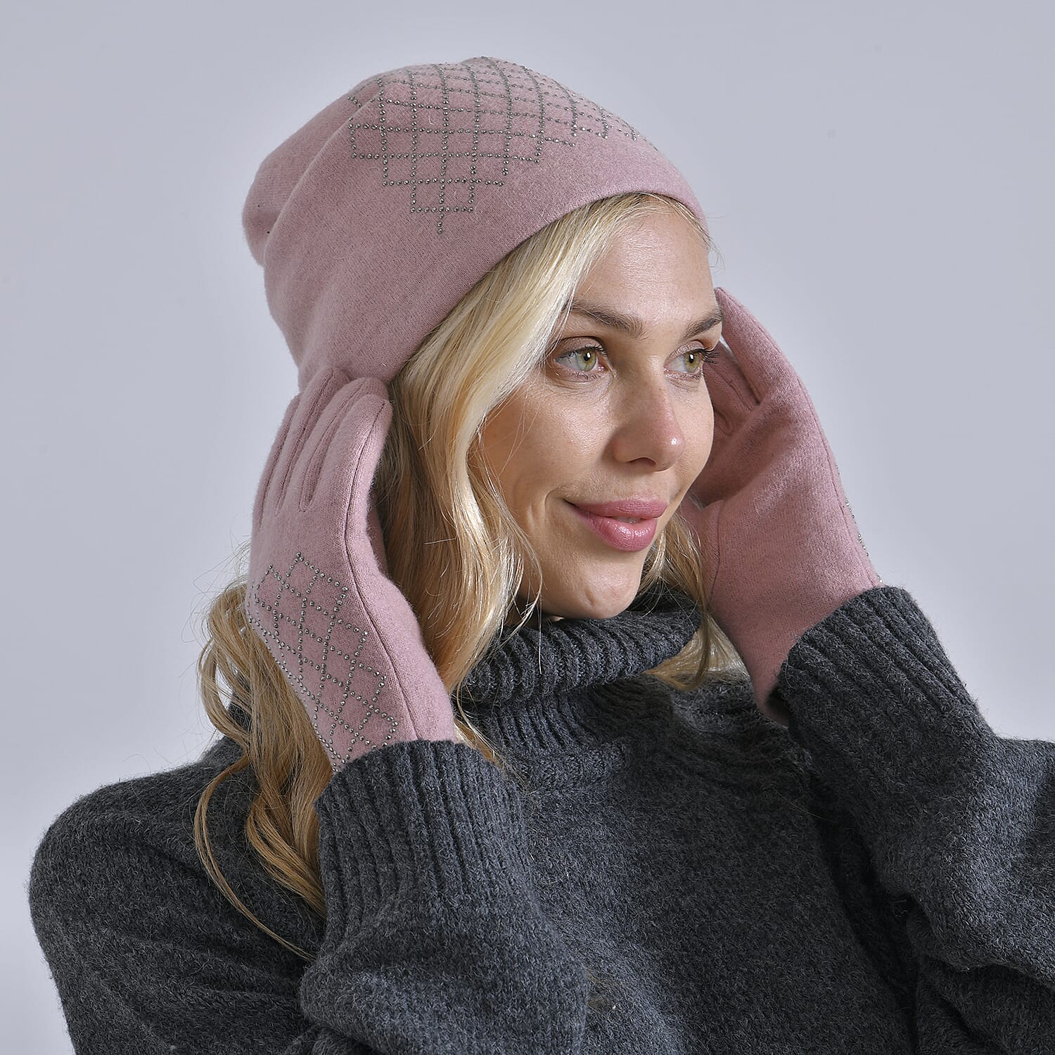 Closeout Deal - 2 Piece Set - Cashmere Diamond Pattern Hat and Gloves - Pink