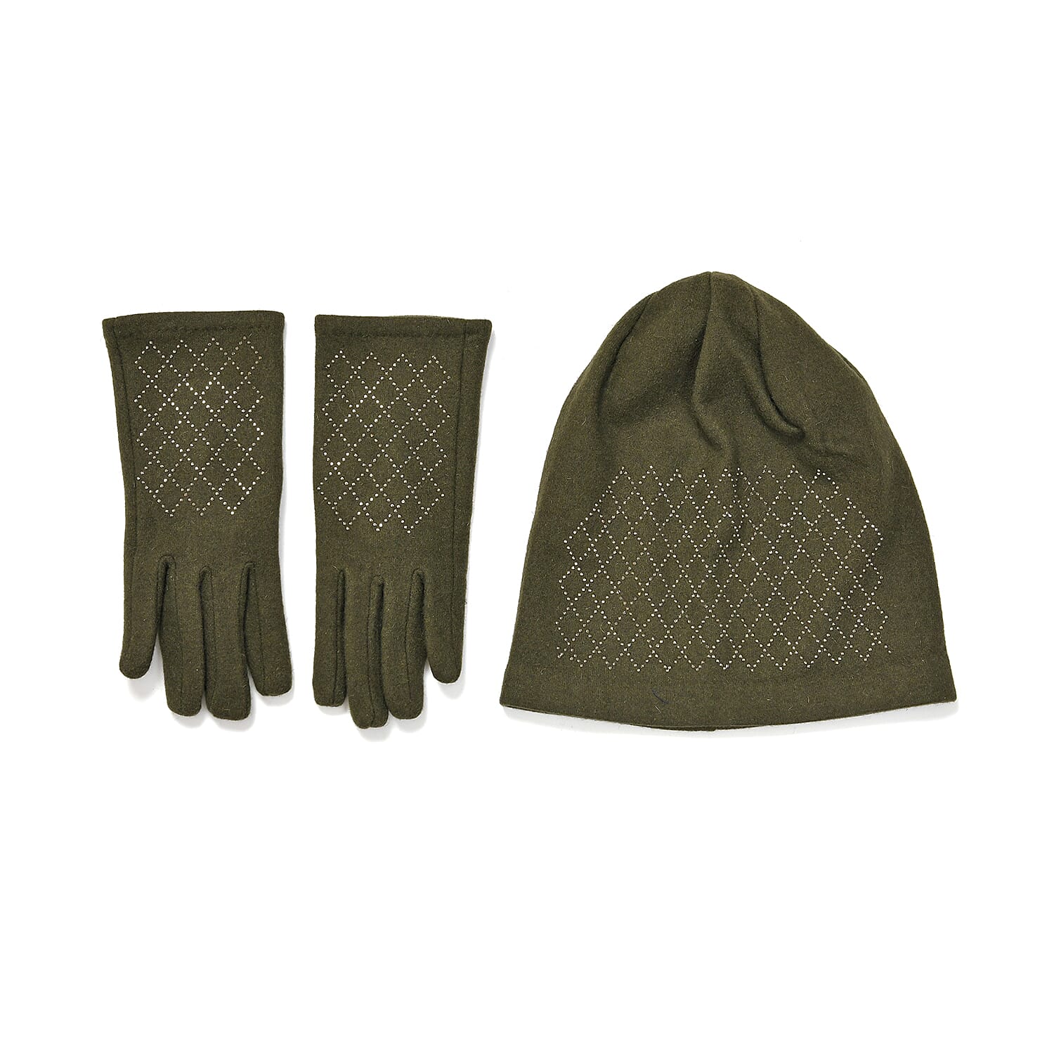 Closeout Deal - 2 Piece Set - Cashmere Diamond Pattern Hat and Gloves - Dark Green