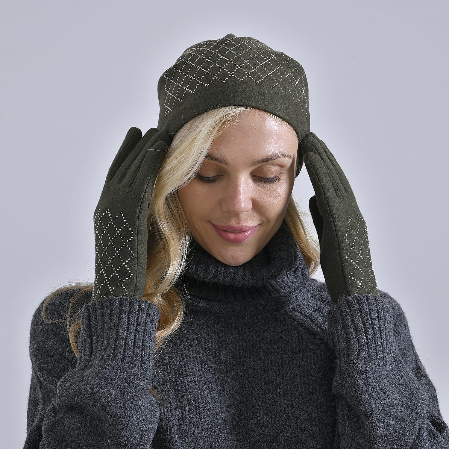 Closeout Deal - 2 Piece Set - Cashmere Diamond Pattern Hat and Gloves - Dark Green
