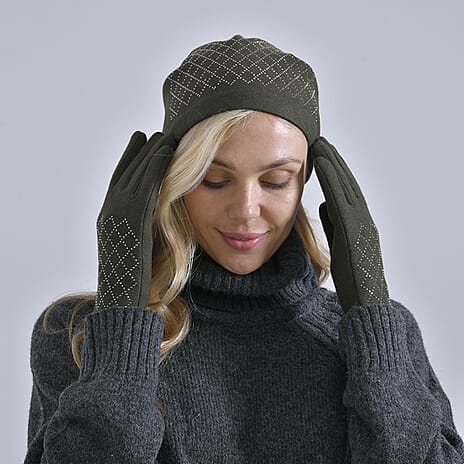 Closeout Deal - 2 Piece Set - Cashmere Diamond Pattern Hat and Gloves - Dark Green
