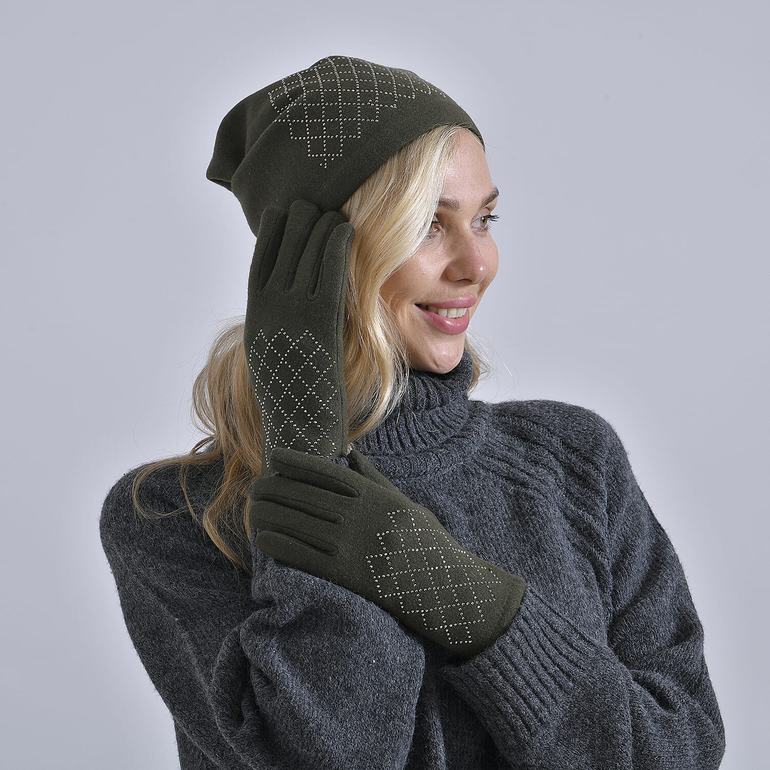 Closeout Deal - 2 Piece Set - Cashmere Diamond Pattern Hat and Gloves - Dark Green
