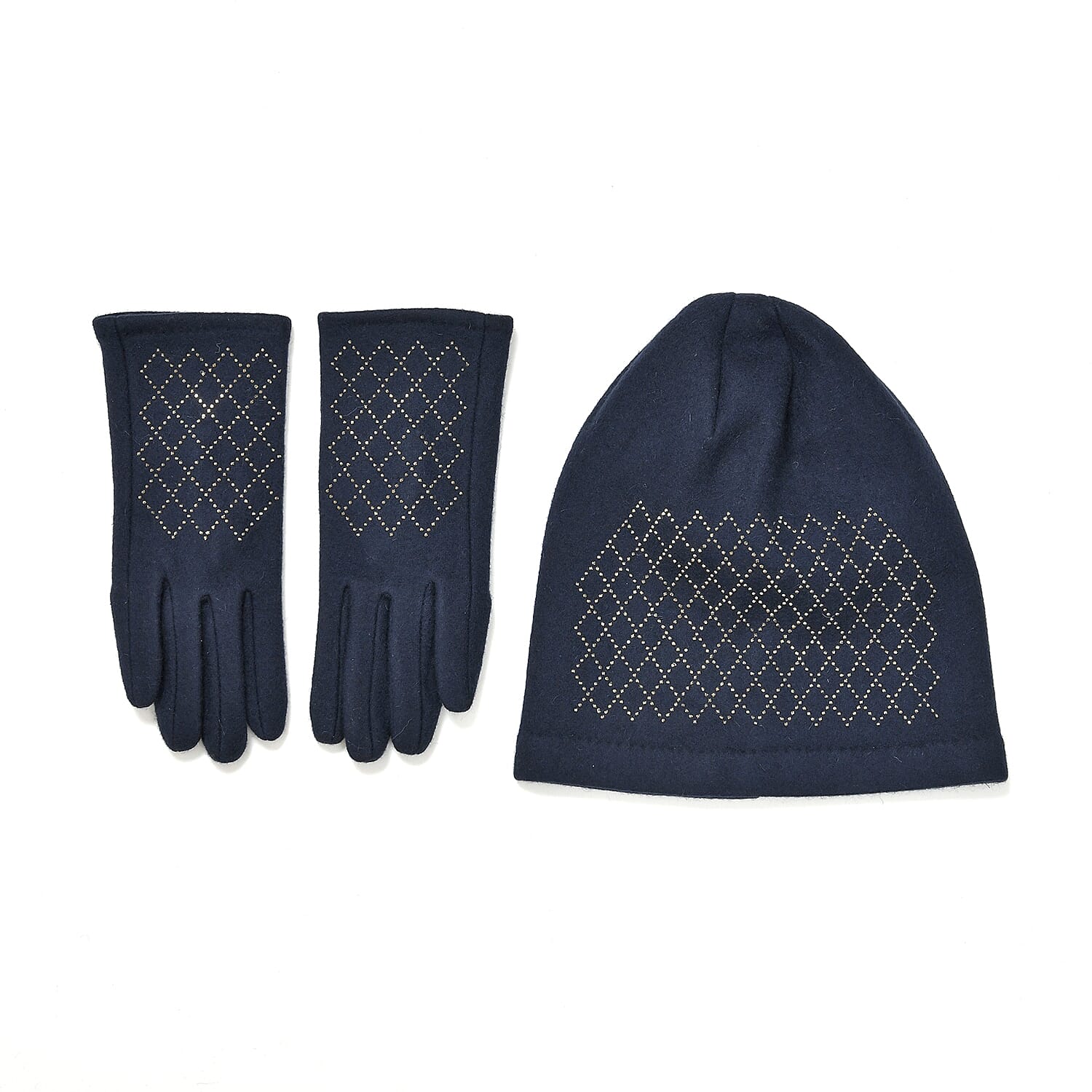 Closeout Deal - 2 Piece Set - Cashmere Diamond Pattern Hat and Gloves - Navy
