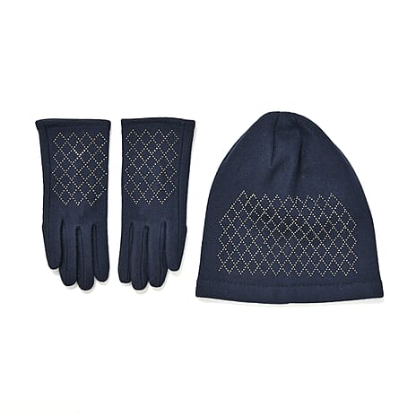Closeout Deal - 2 Piece Set - Cashmere Diamond Pattern Hat and Gloves - Navy