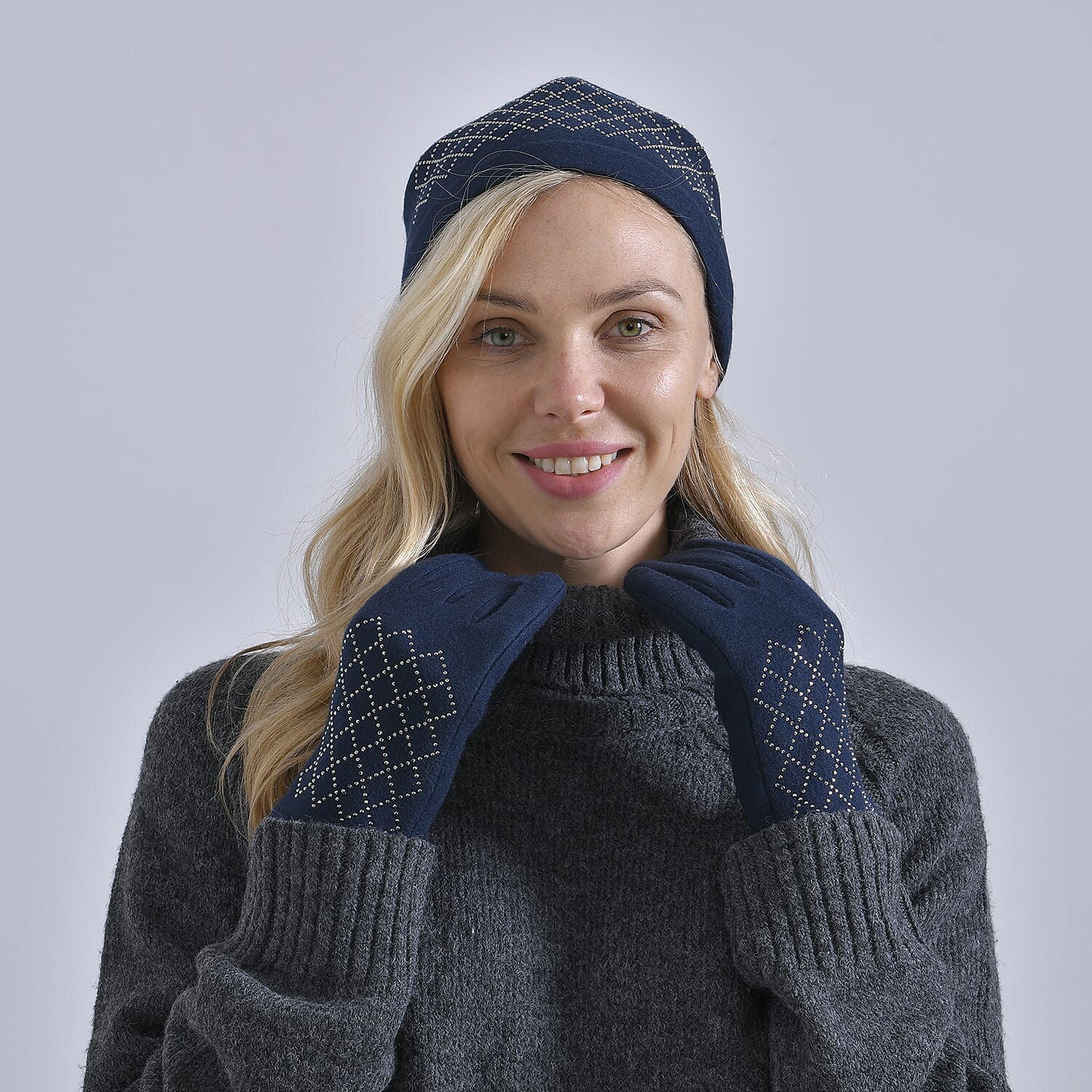Closeout Deal - 2 Piece Set - Cashmere Diamond Pattern Hat and Gloves - Navy