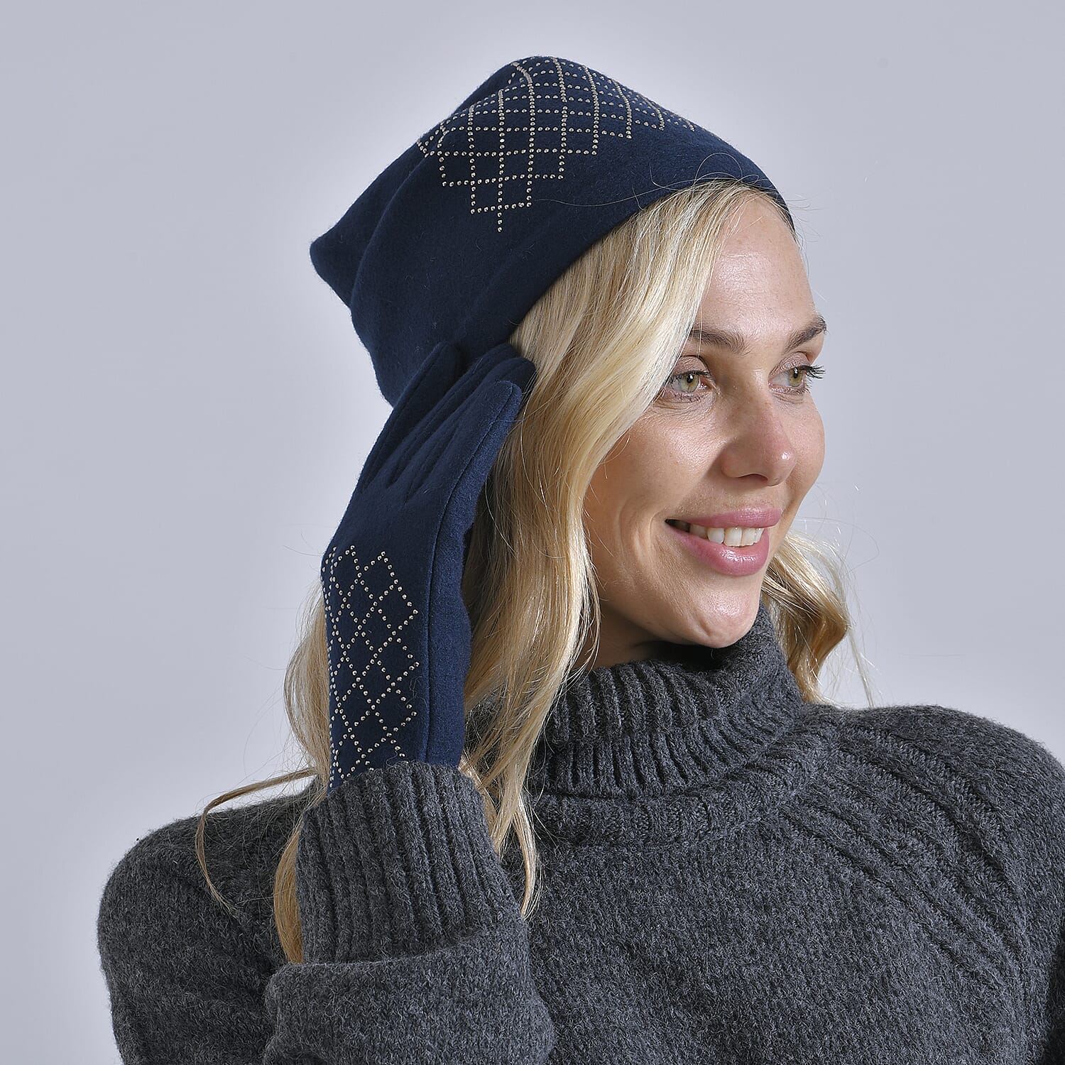 Closeout Deal - 2 Piece Set - Cashmere Diamond Pattern Hat and Gloves - Navy