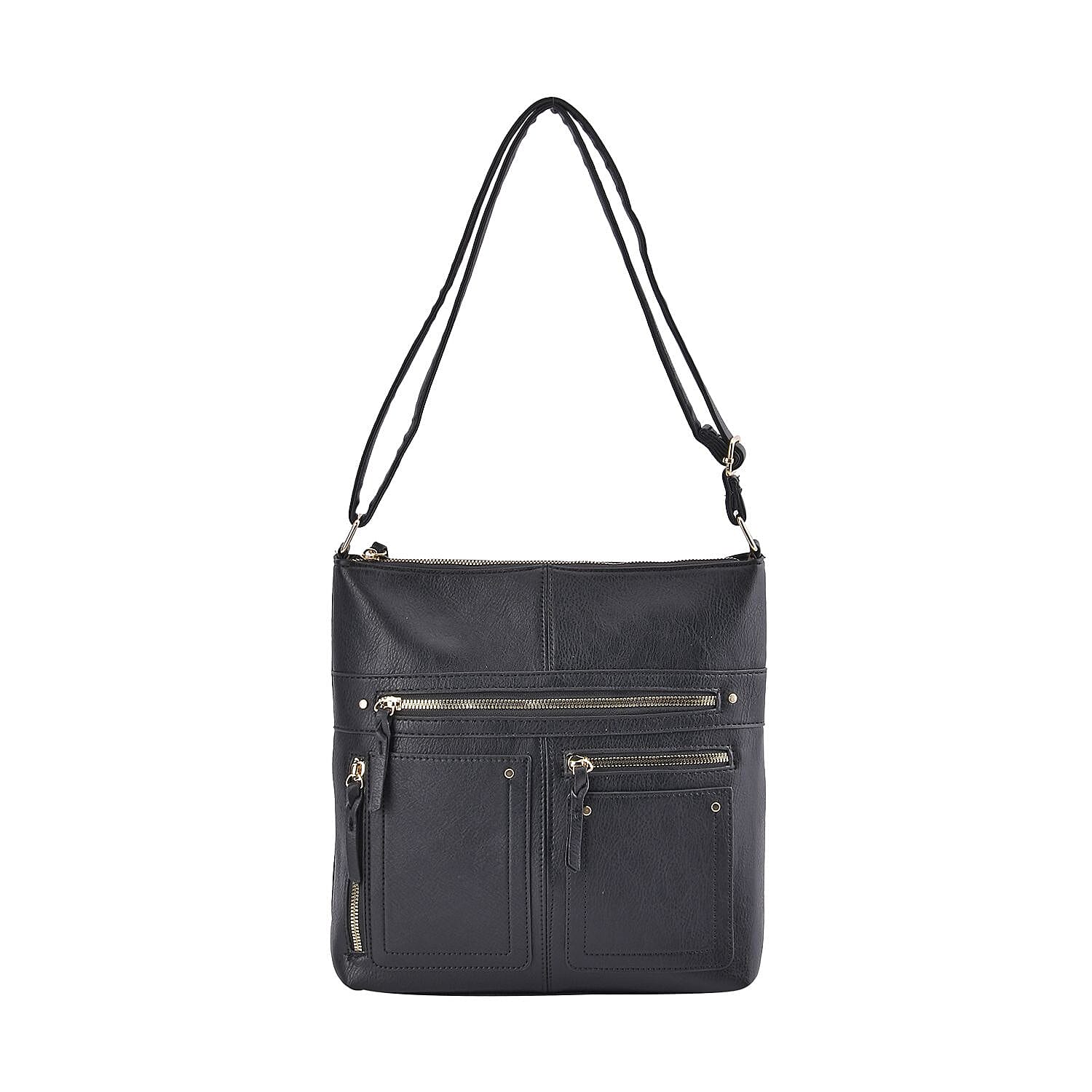 Leatherette Multi Compartment Crossbody Bag - Black