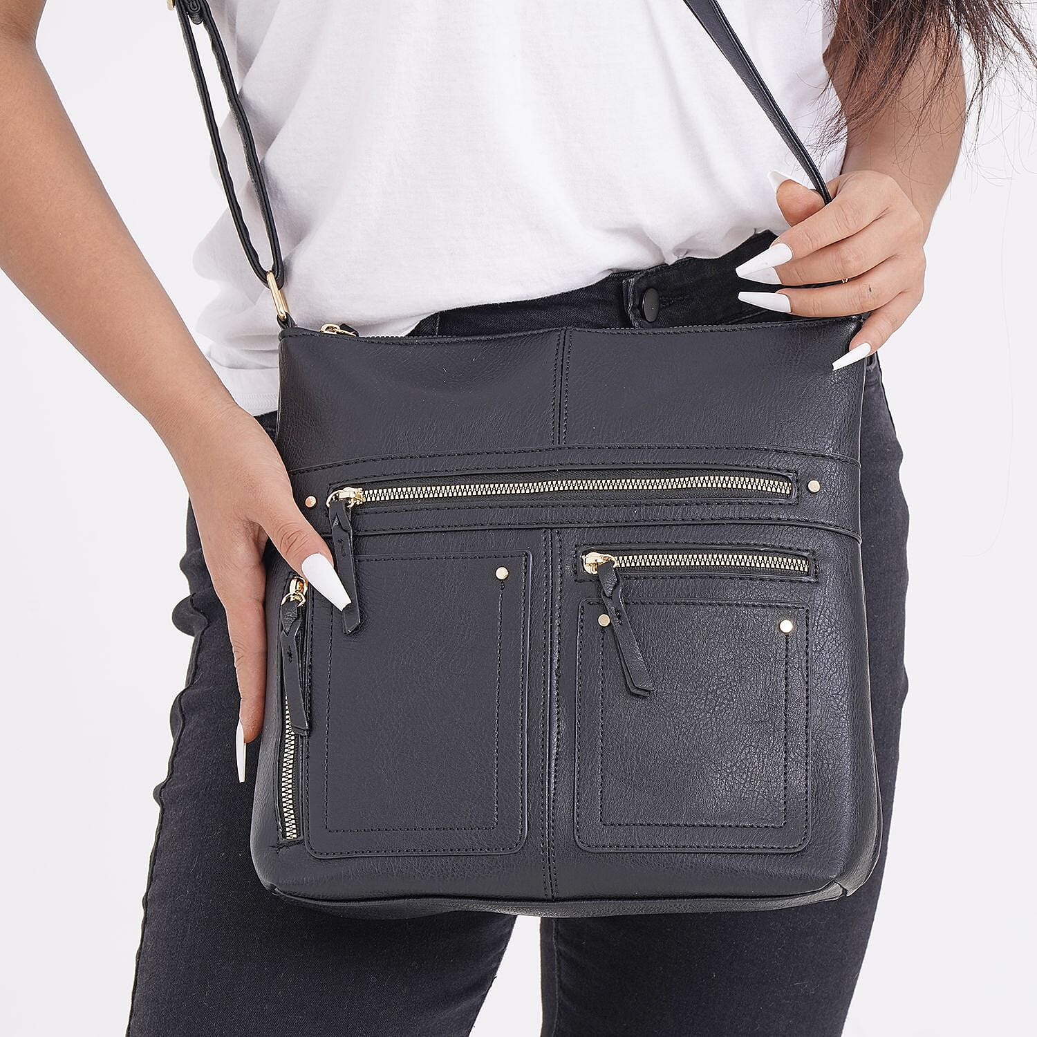 Leatherette Multi Compartment Crossbody Bag - Black