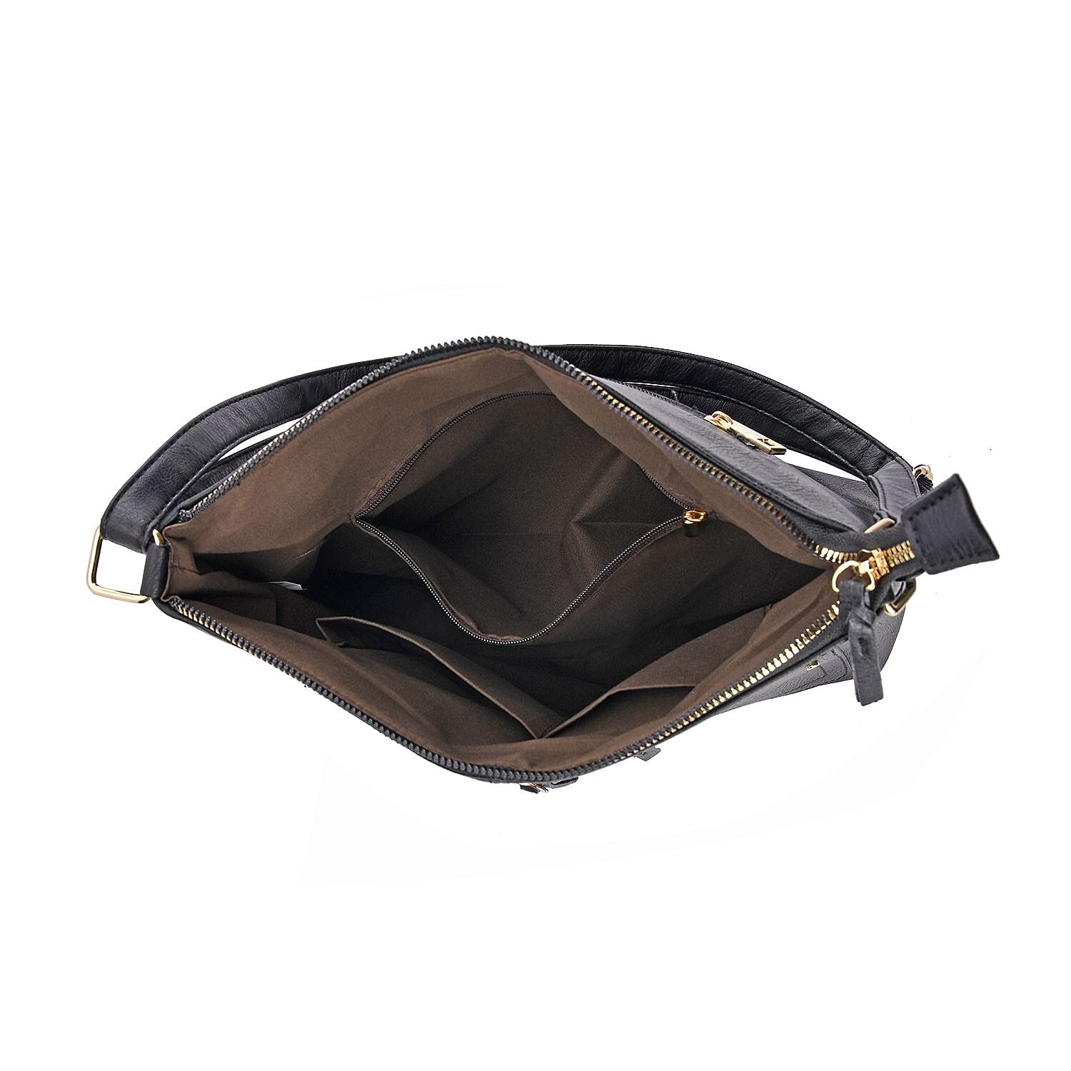 Leatherette Multi Compartment Crossbody Bag - Black