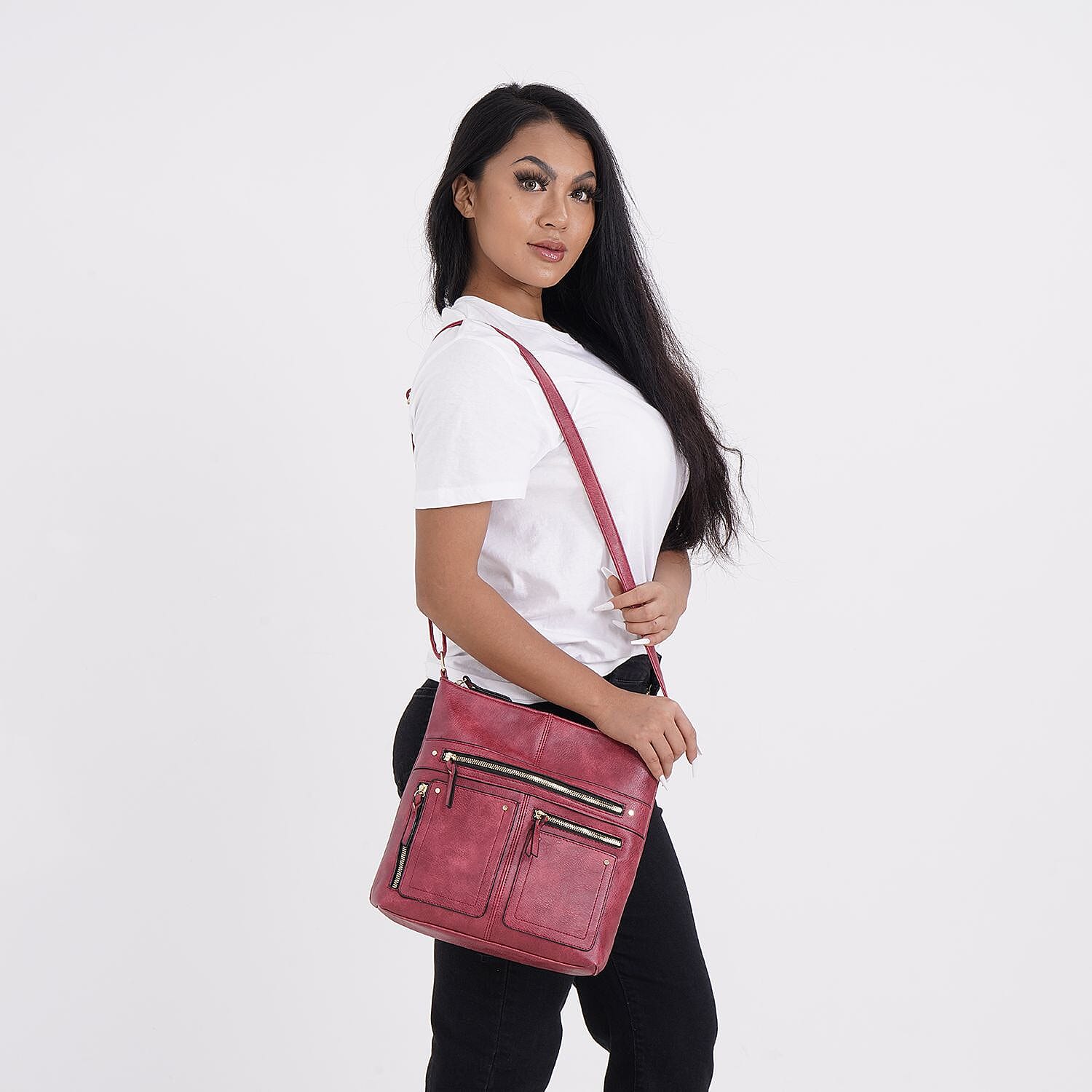 Leatherette Multi Compartment Crossbody Bag - Red