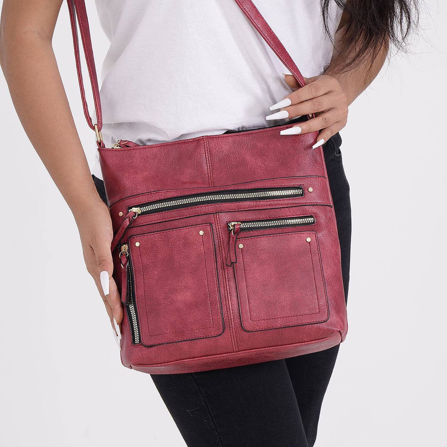 Leatherette Multi Compartment Crossbody Bag - Red