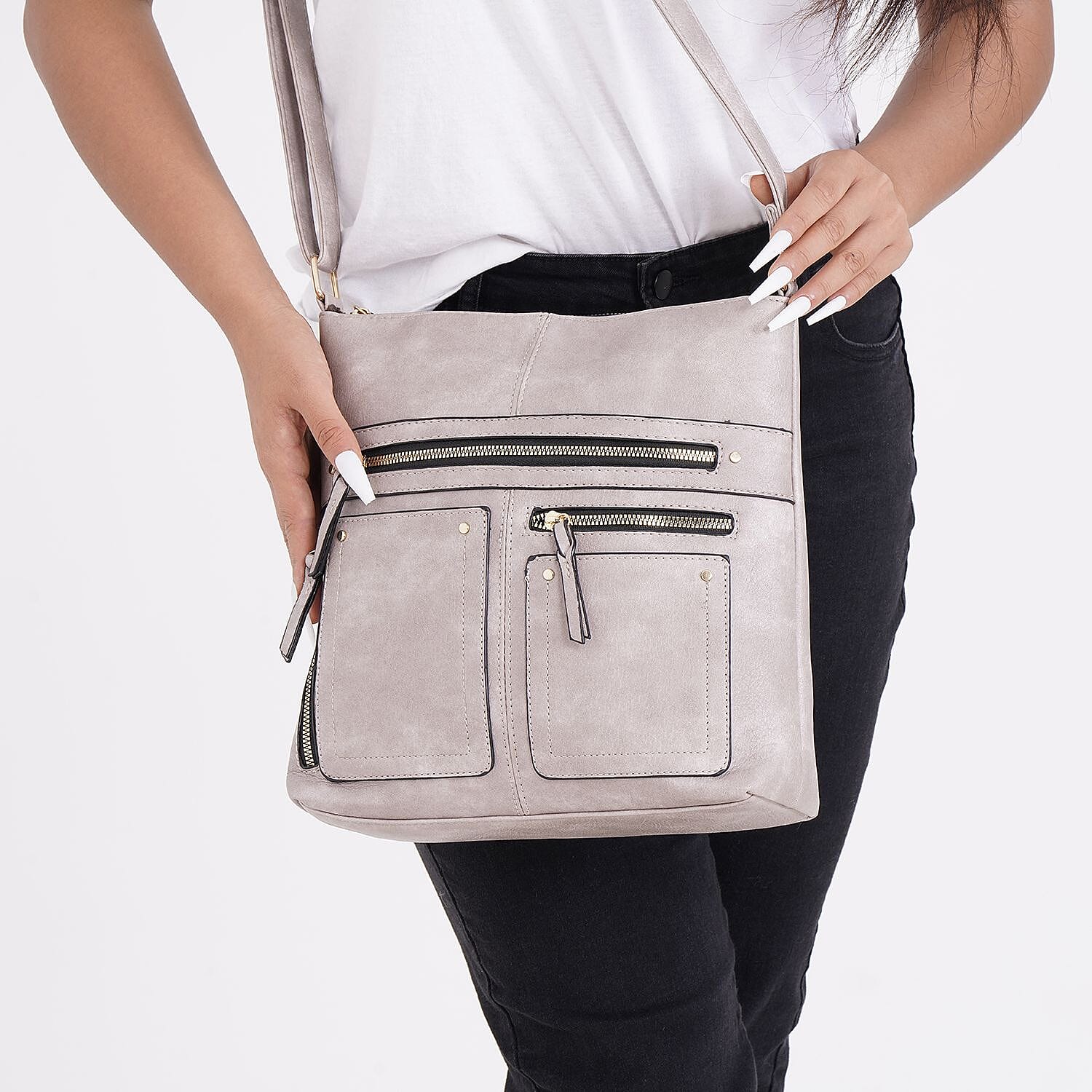 Leatherette Multi Compartment Crossbody Bag - Grey