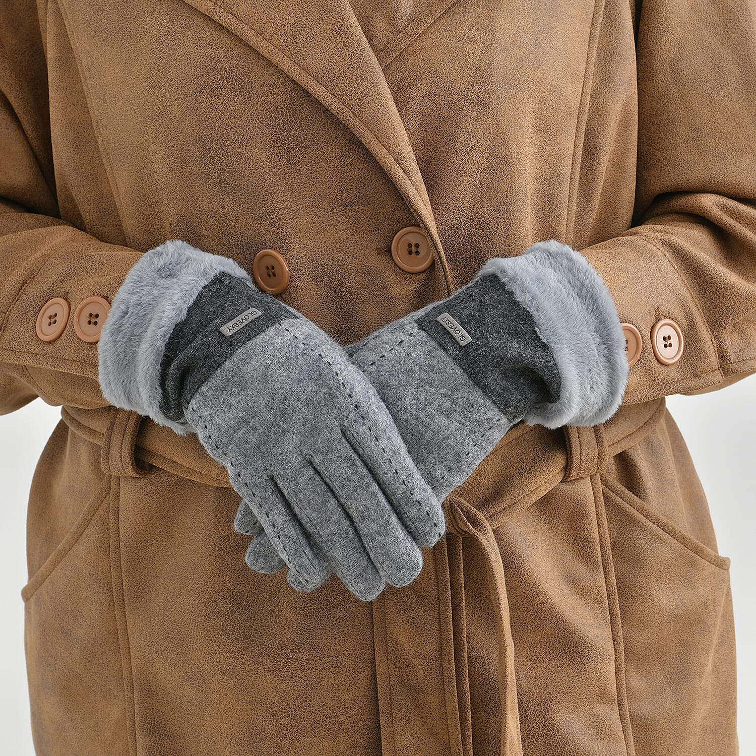 Luxury Cashmere Wool Gloves With Detailing and Fleece Lining - Grey