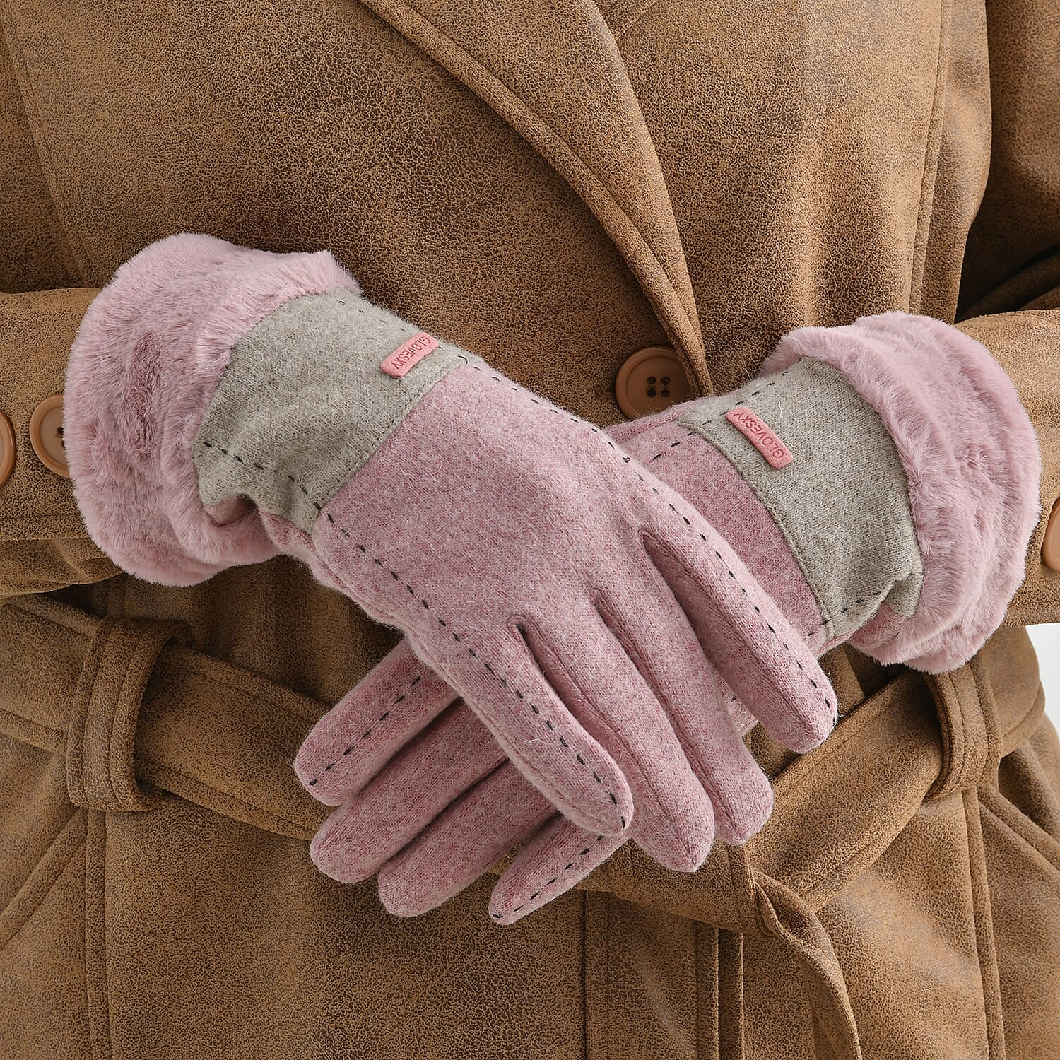 Luxury Cashmere Wool Gloves With Detailing and Fleece Lining - Pink
