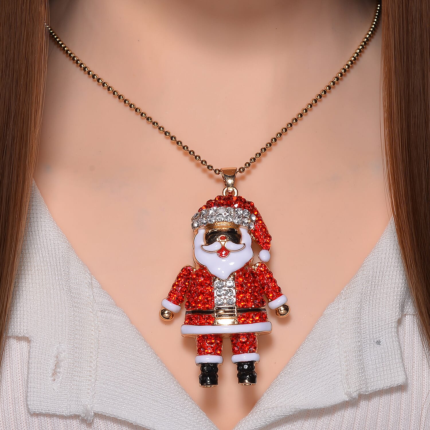 Close Out Deal - Multi Color Red Crystal Santa Necklace  in Yellow Gold Tone (Size - 24-2 EXT)