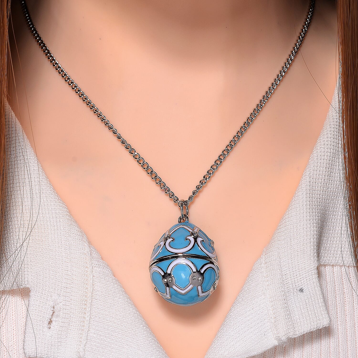 Designer Inspired Enamled Snow Flake Egg Crystal Necklace - Blue